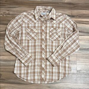 Wrangler Wrancher Womens Western Pearl Snap Shirt Brown Plaid Size Large Rodeo